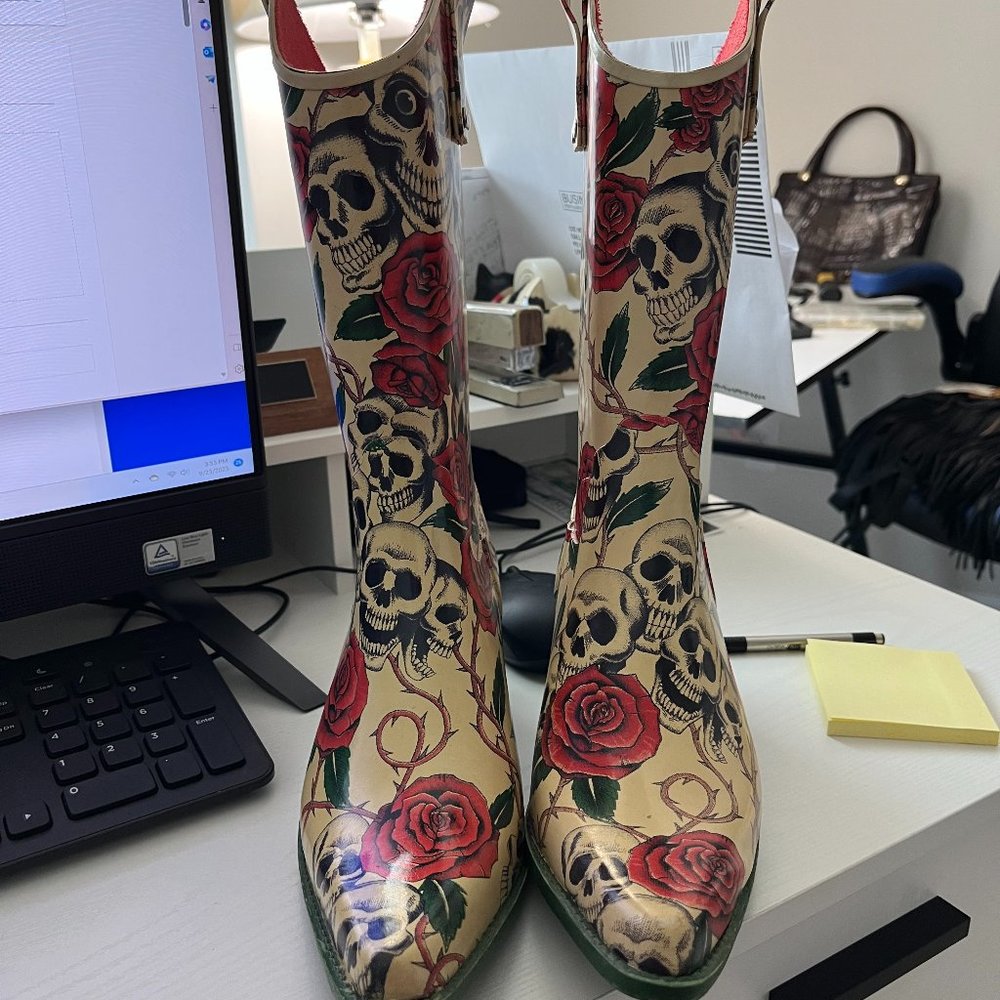 Rubber Rain boots with skeletons and roses